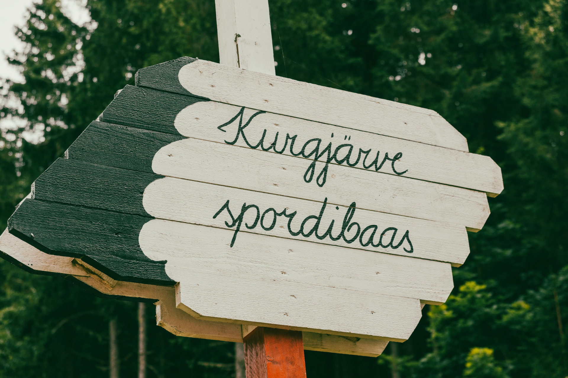 Kurgjärve spordibaasi puust silt metsa taustal